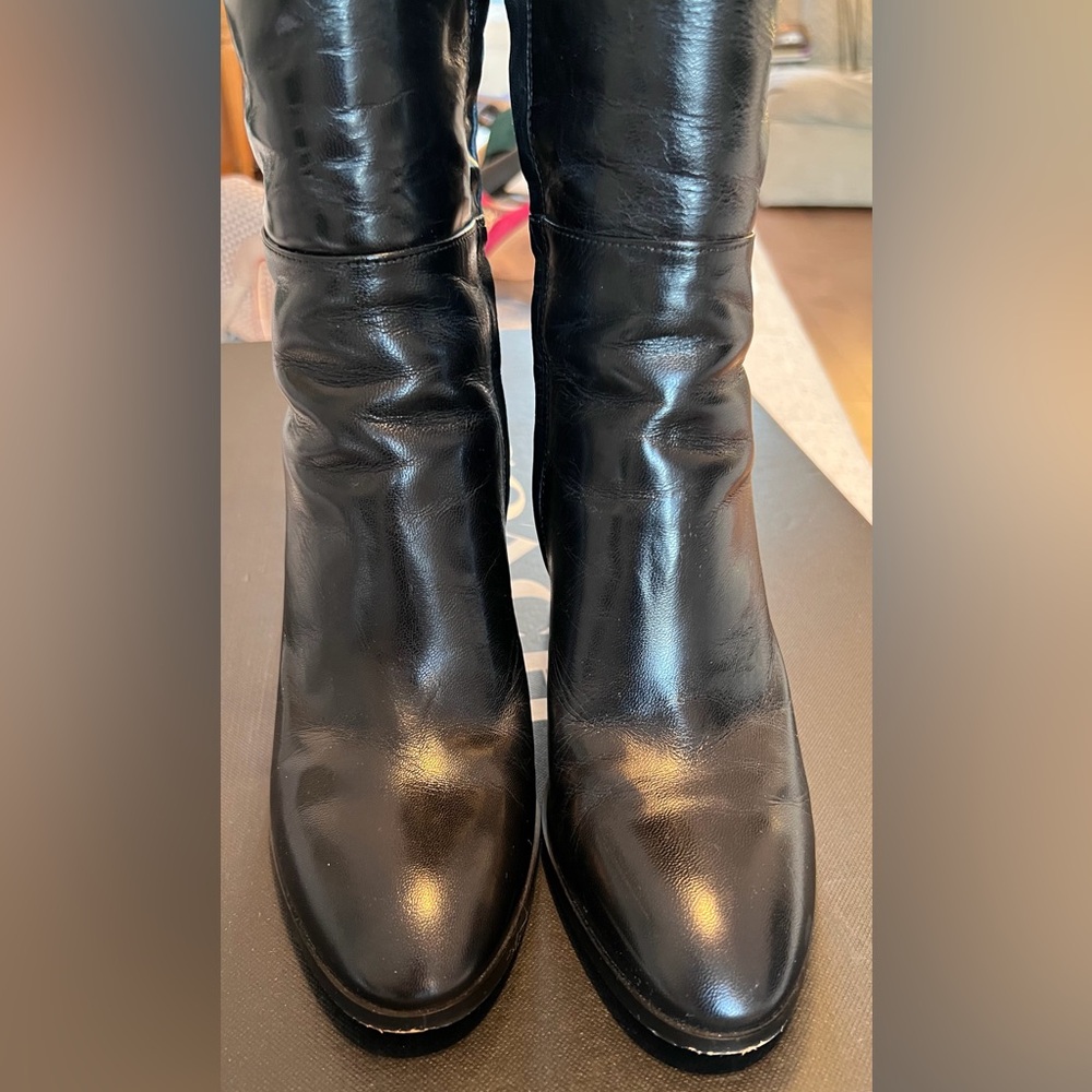 Coach Black Leather Knee-High Heeled Boots with Side Zip. - Picture 10 of 10